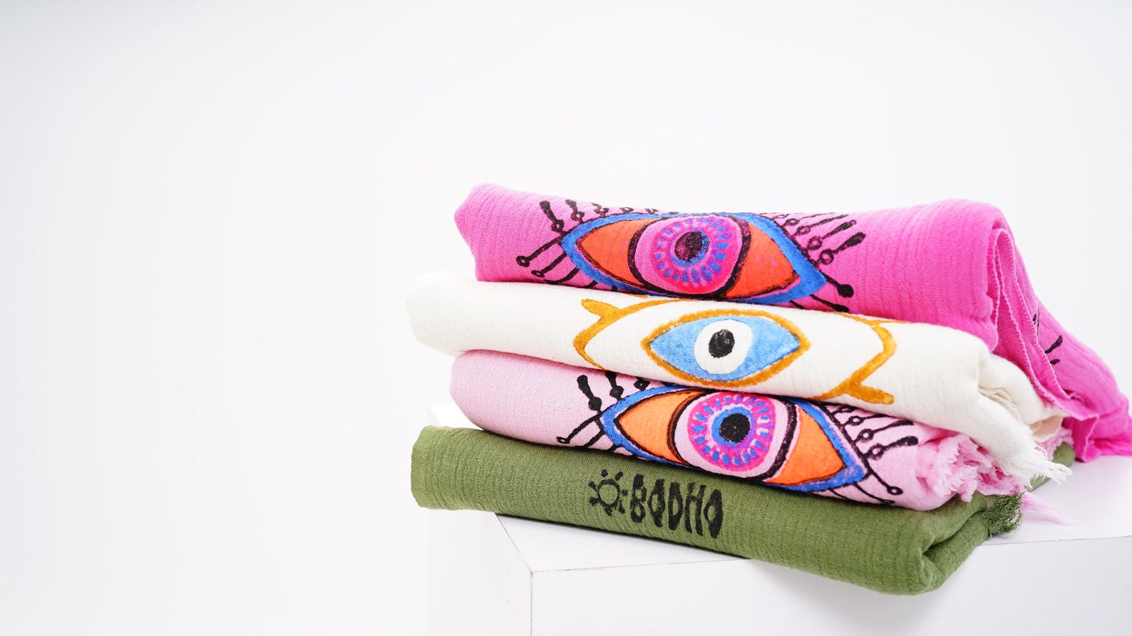 Hand-Printed Evil Eye Beach Towel - Organic Turkish Cotton Peshtemal
