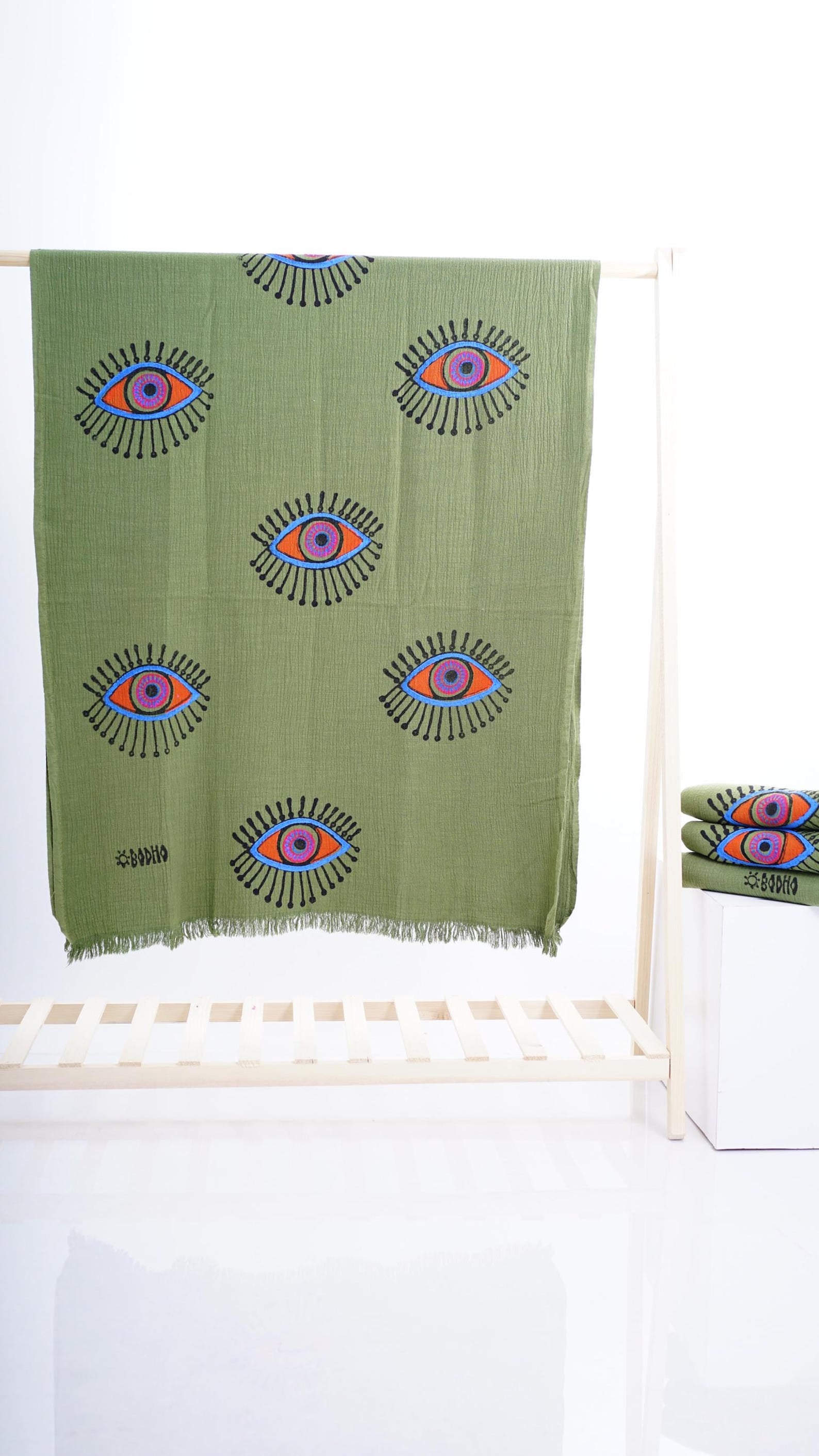Hand-Printed Evil Eye Beach Towel - Organic Turkish Cotton Peshtemal