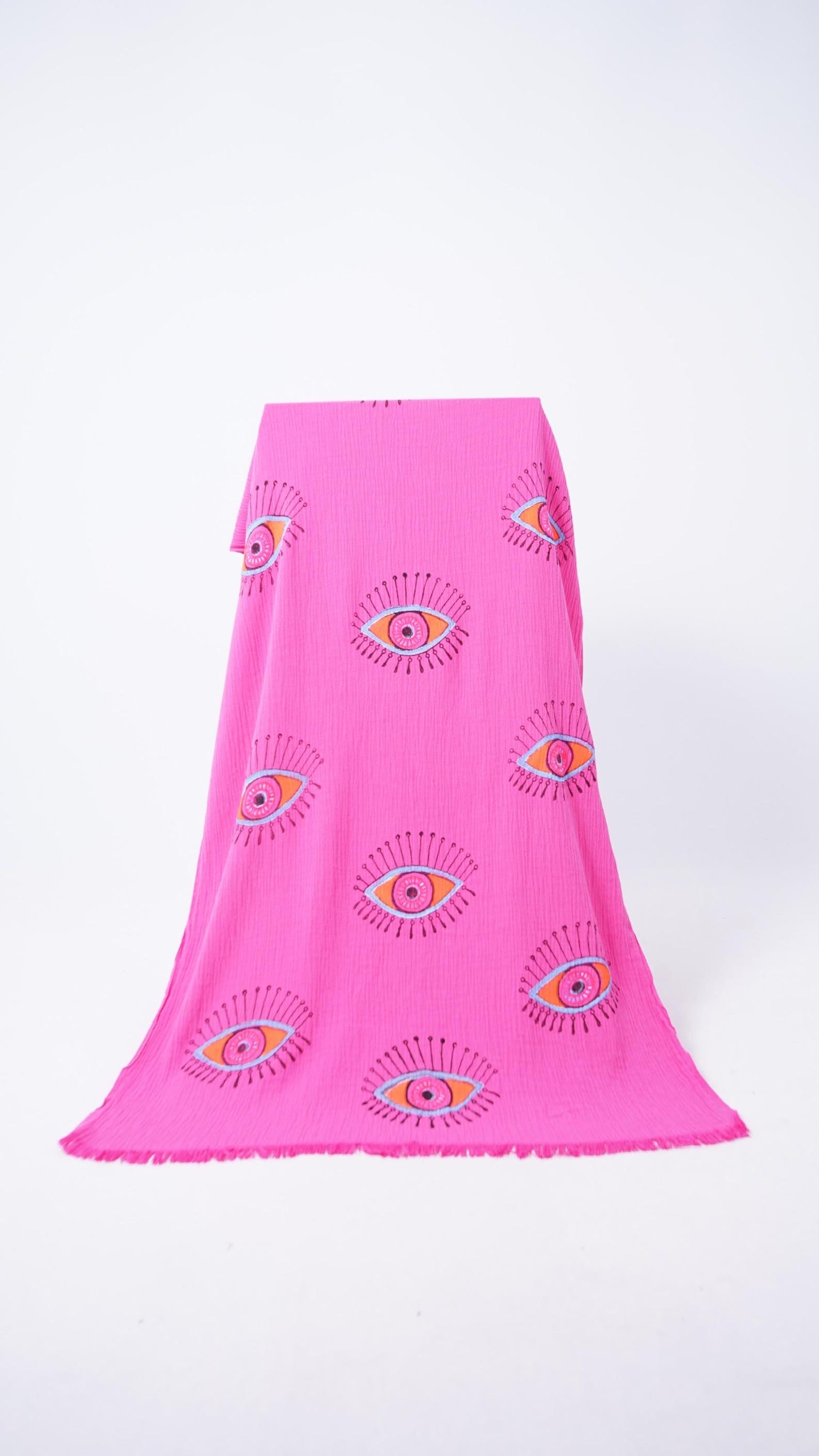 Hand-Printed Evil Eye Beach Towel - Organic Turkish Cotton Peshtemal