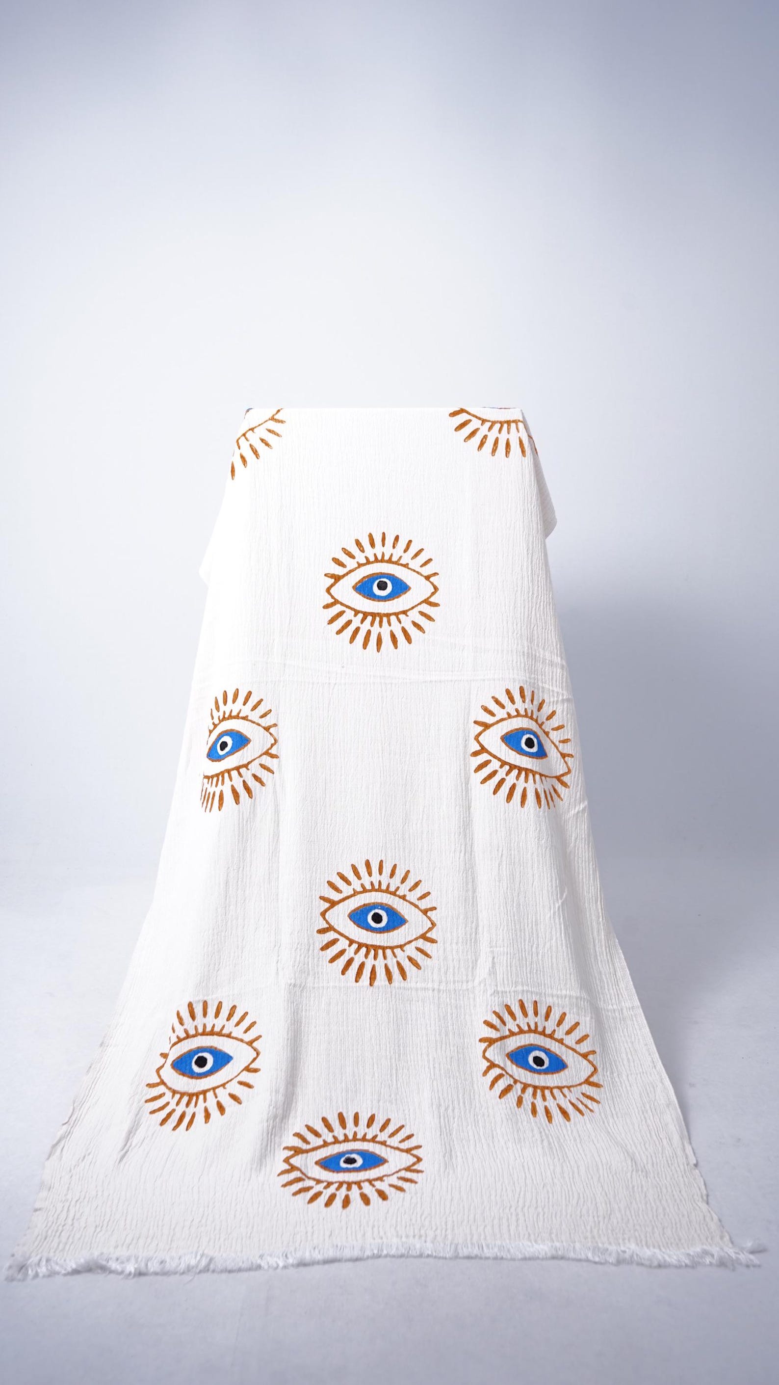 Hand-Printed Evil Eye Beach Towel - Organic Turkish Cotton Peshtemal