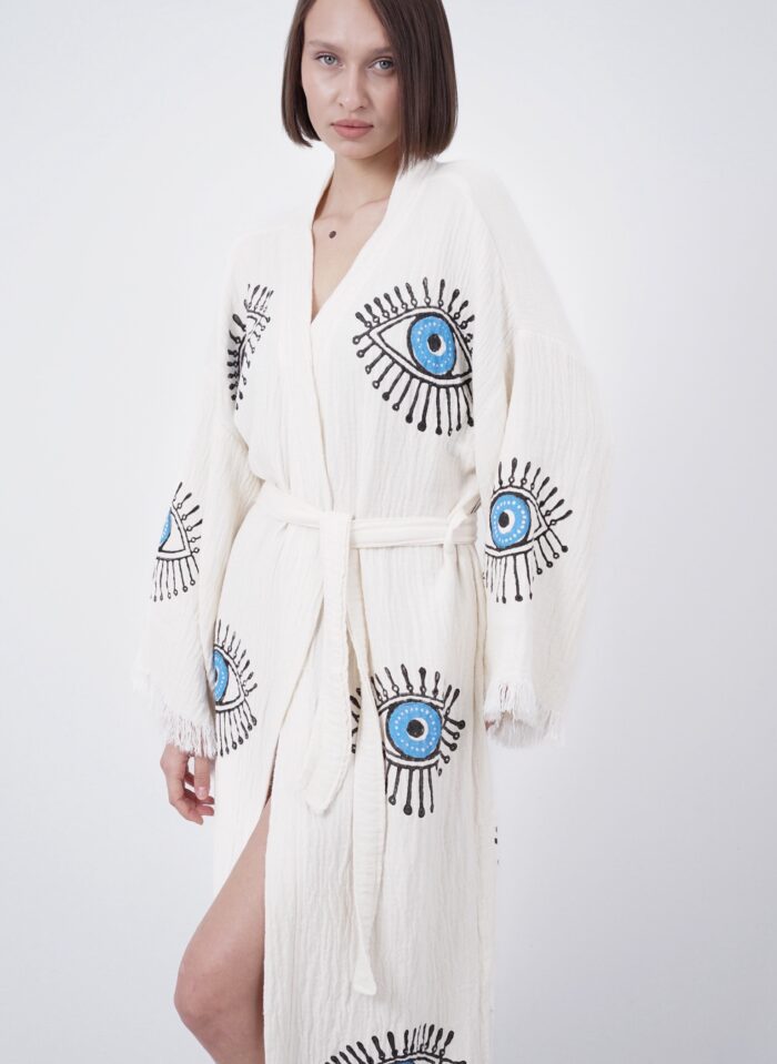 Handmade Evil Eye Boho Festival Kimono, Boho Beachwear, Beachwear Cover Up, Ethnic Kimono, Cardigan, Bathrobe, Morning Robe, Spa Robe