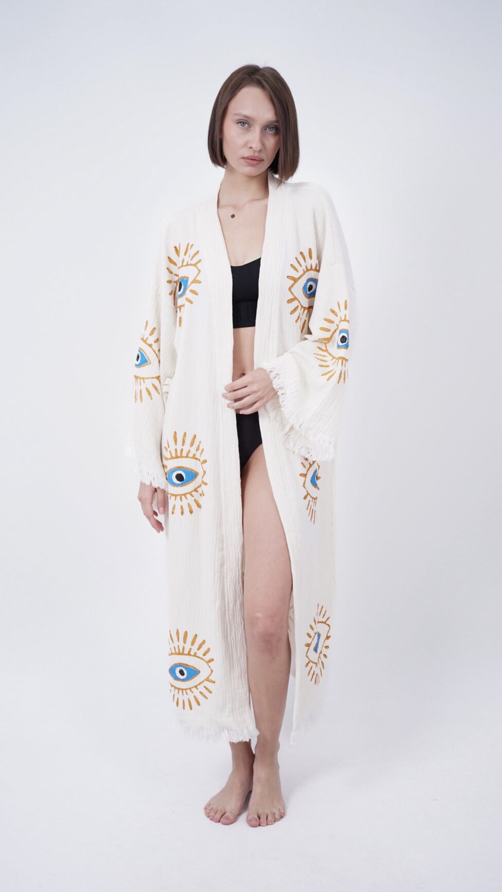 Handmade Evil Eye Boho Festival Kimono, Boho Beachwear, Beachwear Cover Up, Ethnic Kimono, Cardigan, Bathrobe, Morning Robe, Spa Robe