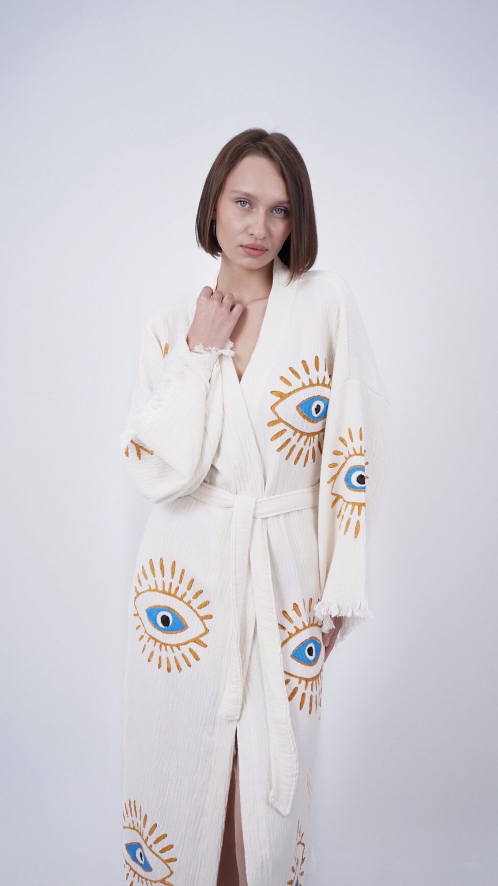 Handmade Evil Eye Boho Festival Kimono, Boho Beachwear, Beachwear Cover Up, Ethnic Kimono, Cardigan, Bathrobe, Morning Robe, Spa Robe