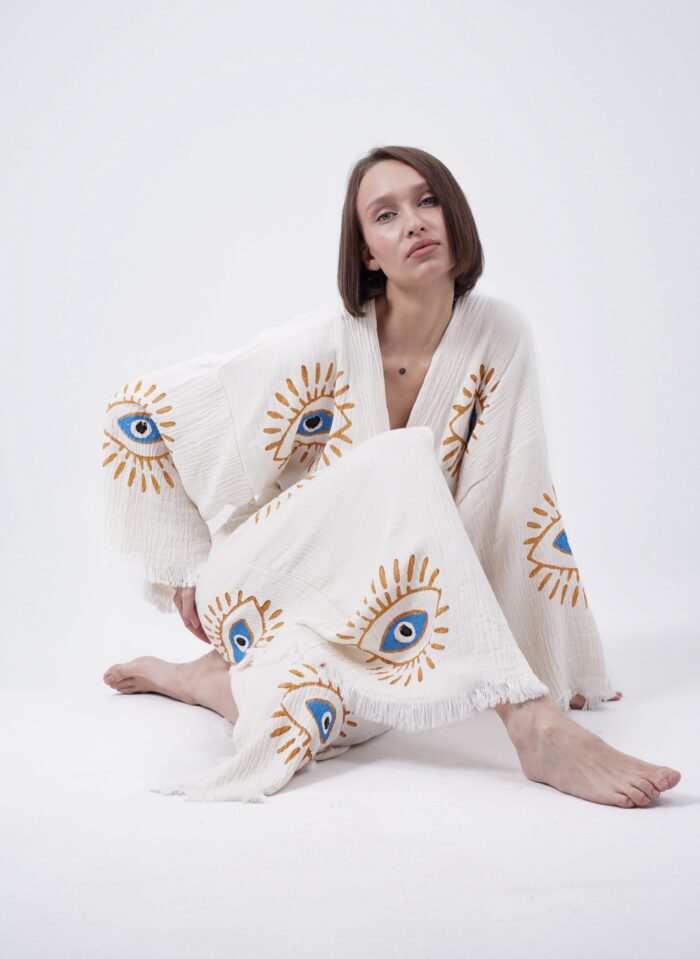 Handmade Evil Eye Boho Festival Kimono, Boho Beachwear, Beachwear Cover Up, Ethnic Kimono, Cardigan, Bathrobe, Morning Robe, Spa Robe