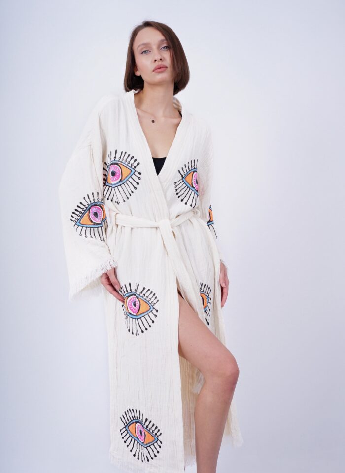 Handmade Evil Eye Boho Festival Kimono , Boho Beachwear, Beachwear Cover Up, Ethnic Kimono, Cardigan, Bathrobe, Morning Robe, Spa Robe