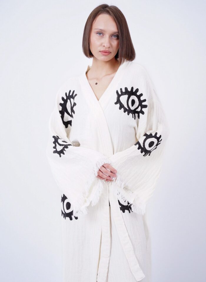 Handmade Evil Eye Boho Festival Kimono White, Boho Beachwear, Beachwear Cover Up, Ethnic Kimono, Cardigan, Bathrobe, Morning Robe, Spa Robe