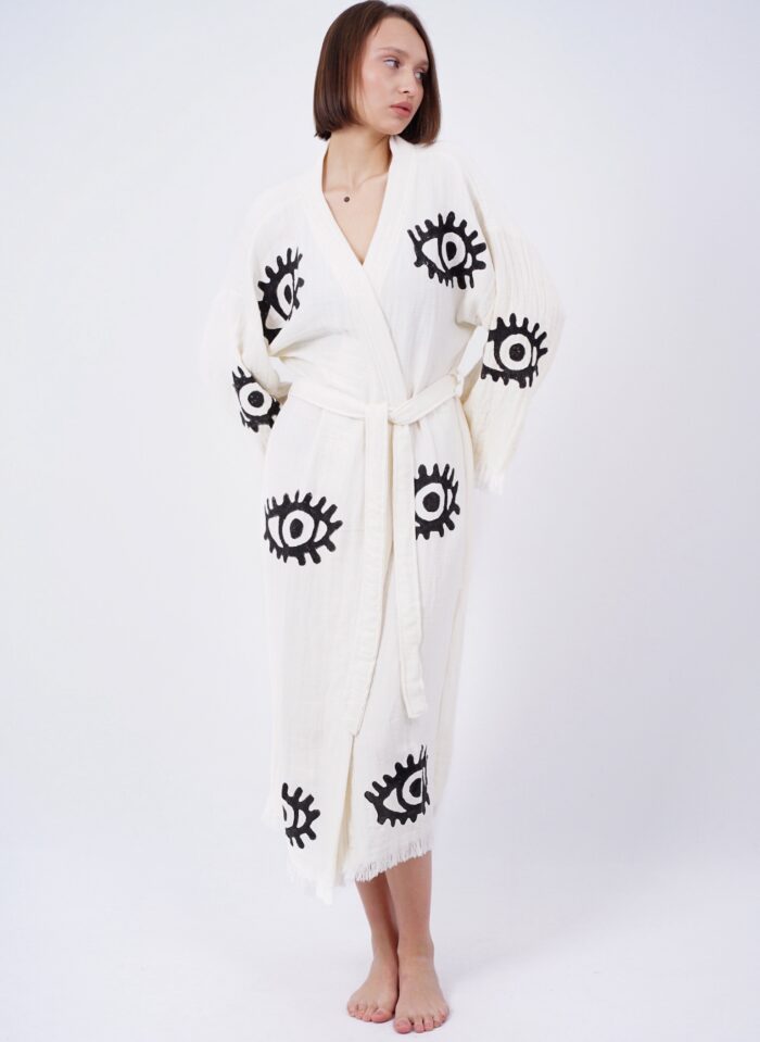 Handmade Evil Eye Boho Festival Kimono White, Boho Beachwear, Beachwear Cover Up, Ethnic Kimono, Cardigan, Bathrobe, Morning Robe, Spa Robe