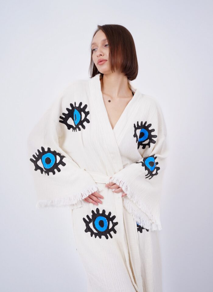 Handmade Evil Eye Boho Festival Kimono, Boho Beachwear, Beachwear Cover Up, Ethnic Kimono, Cardigan, Bathrobe, Morning Robe, Spa Robe