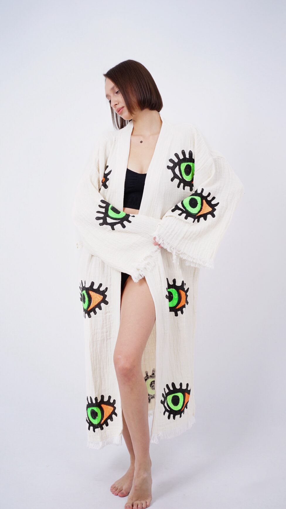Handmade Evil Eye Boho Festival Kimono, Boho Beachwear, Beachwear Cover Up, Ethnic Kimono, Cardigan, Bathrobe, Morning Robe, Spa Robe
