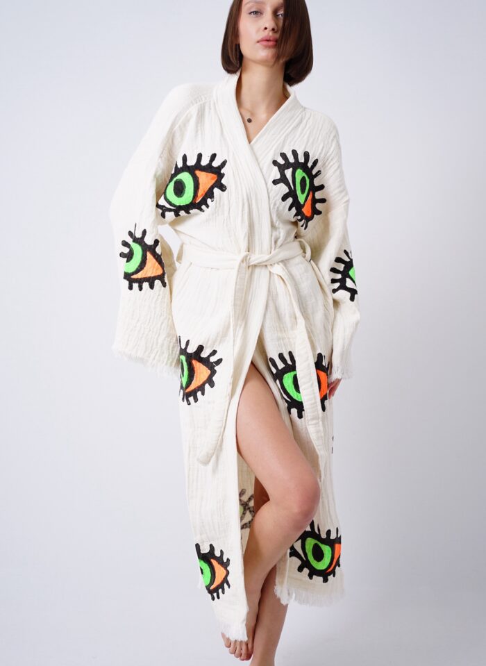 Handmade Evil Eye Boho Festival Kimono, Boho Beachwear, Beachwear Cover Up, Ethnic Kimono, Cardigan, Bathrobe, Morning Robe, Spa Robe