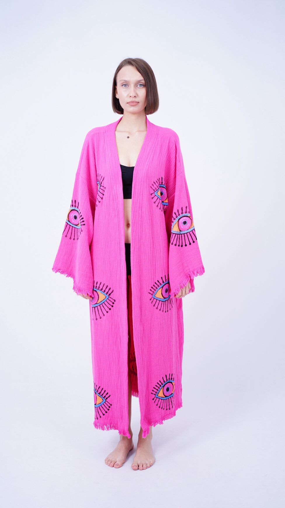 Handmade Evil Eye Boho Festival Kimono Pink, Boho Beachwear, Beachwear Cover Up, Ethnic Kimono, Cardigan, Bathrobe, Morning Robe, Spa Robe