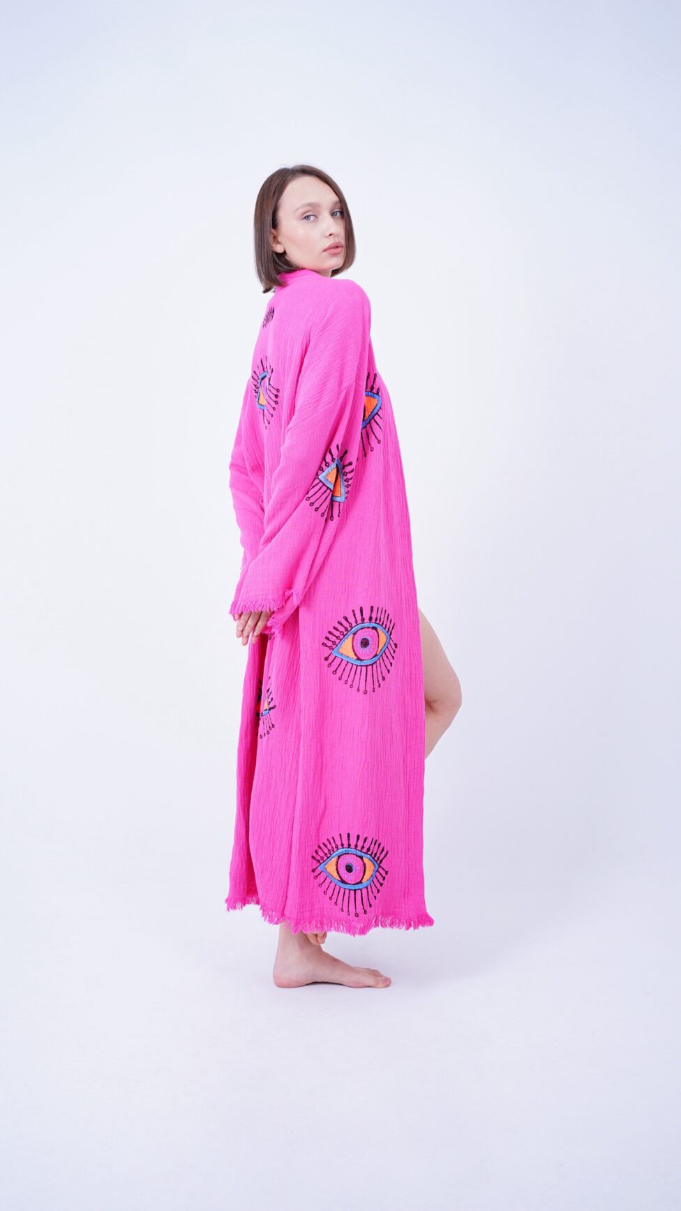 Handmade Evil Eye Boho Festival Kimono Pink, Boho Beachwear, Beachwear Cover Up, Ethnic Kimono, Cardigan, Bathrobe, Morning Robe, Spa Robe