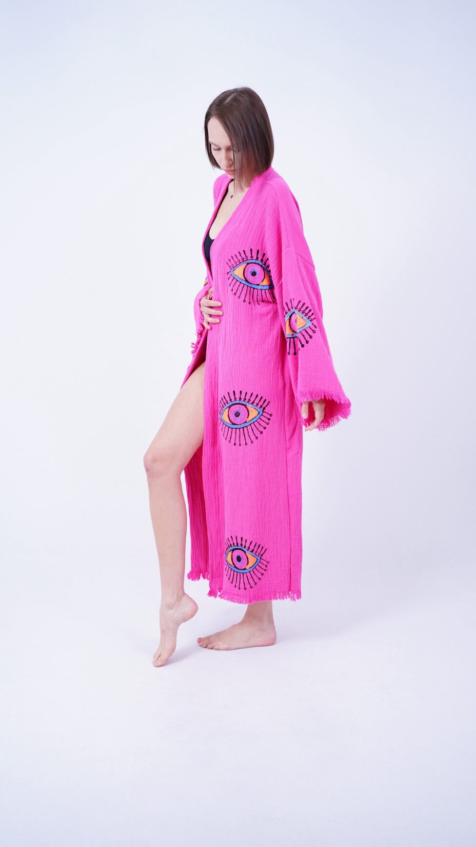 Handmade Evil Eye Boho Festival Kimono Pink, Boho Beachwear, Beachwear Cover Up, Ethnic Kimono, Cardigan, Bathrobe, Morning Robe, Spa Robe