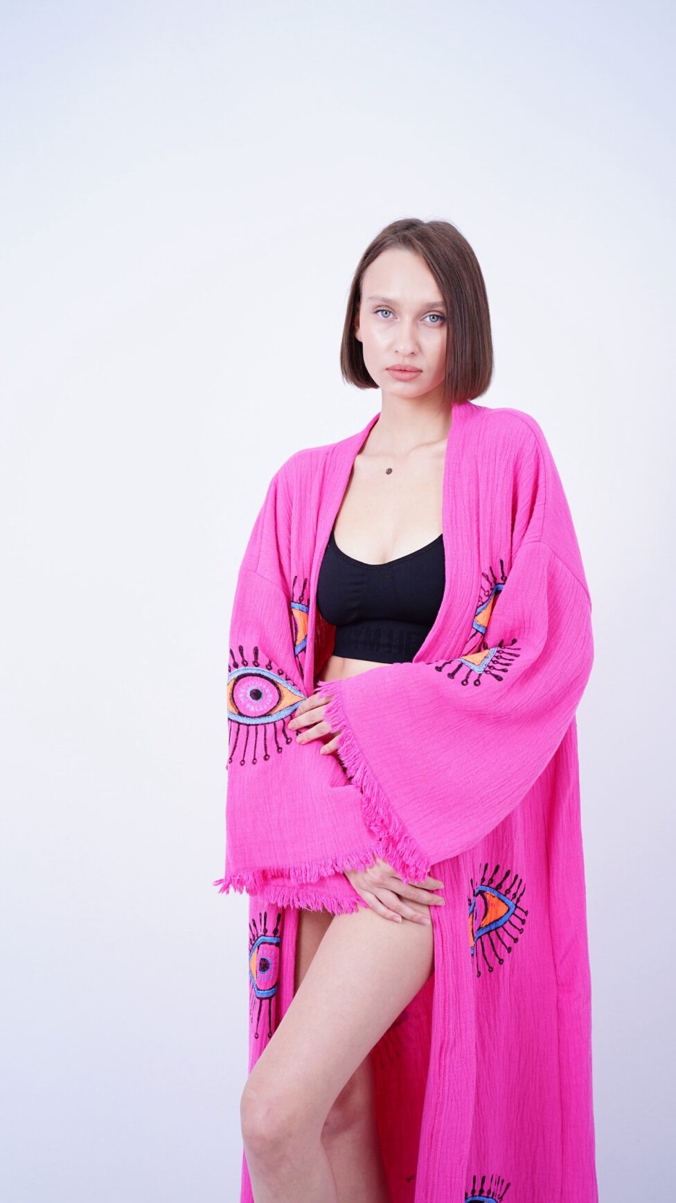 Handmade Evil Eye Boho Festival Kimono Pink, Boho Beachwear, Beachwear Cover Up, Ethnic Kimono, Cardigan, Bathrobe, Morning Robe, Spa Robe