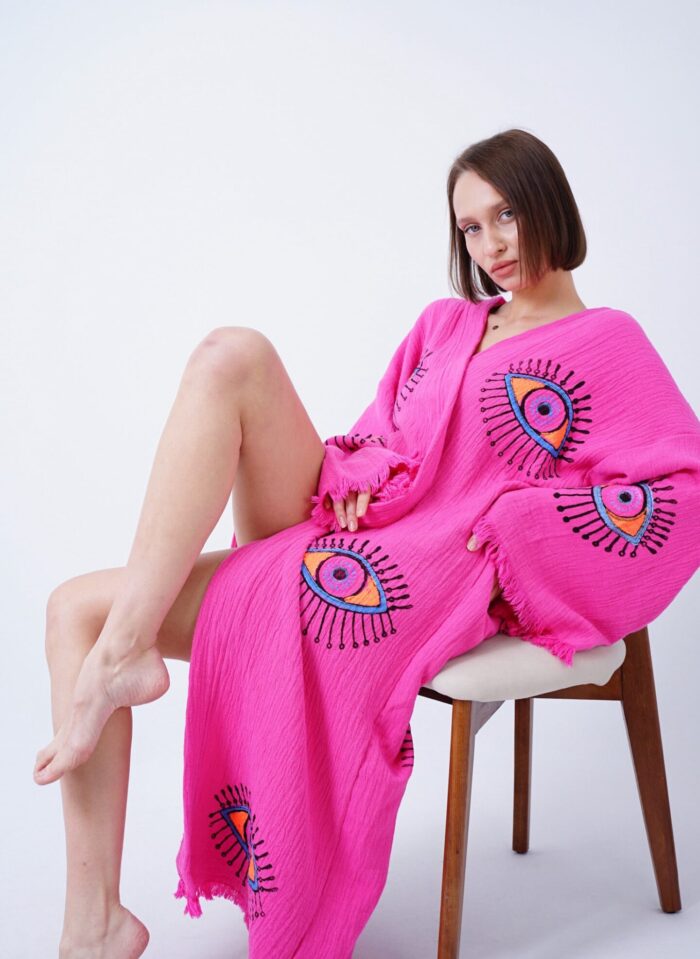 Handmade Evil Eye Boho Festival Kimono Pink, Boho Beachwear, Beachwear Cover Up, Ethnic Kimono, Cardigan, Bathrobe, Morning Robe, Spa Robe