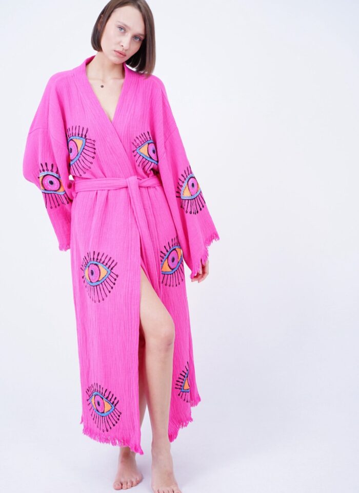 Handmade Evil Eye Boho Festival Kimono Pink, Boho Beachwear, Beachwear Cover Up, Ethnic Kimono, Cardigan, Bathrobe, Morning Robe, Spa Robe