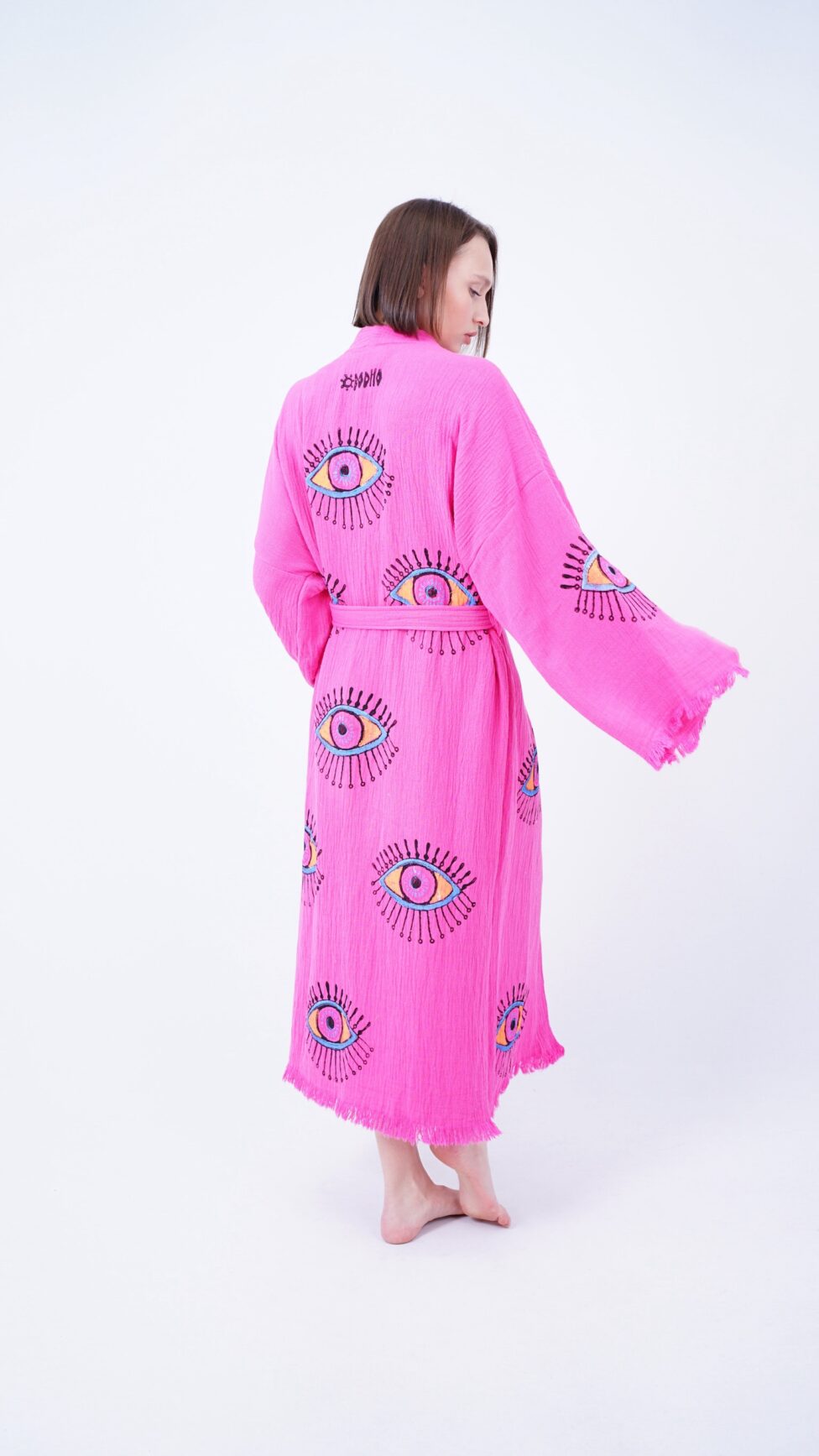 Handmade Evil Eye Boho Festival Kimono Pink, Boho Beachwear, Beachwear Cover Up, Ethnic Kimono, Cardigan, Bathrobe, Morning Robe, Spa Robe