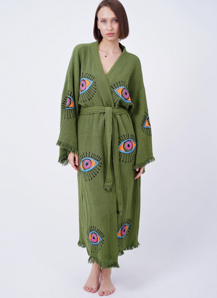 Handmade Evil Eye Boho Festival Kimono Green, Boho Beachwear, Beachwear Cover Up, Ethnic Kimono, Cardigan, Bathrobe, Morning Robe, Spa Robe