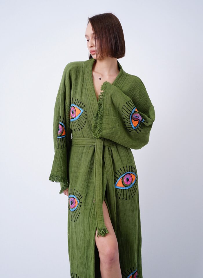 Handmade Evil Eye Boho Festival Kimono Green, Boho Beachwear, Beachwear Cover Up, Ethnic Kimono, Cardigan, Bathrobe, Morning Robe, Spa Robe