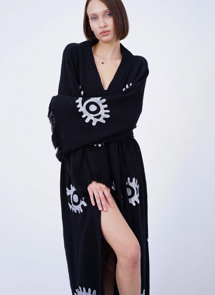 Handmade Evil Eye Boho Festival Kimono Black, Boho Beachwear, Beachwear Cover Up, Ethnic Kimono, Cardigan, Bathrobe, Morning Robe, Spa Robe