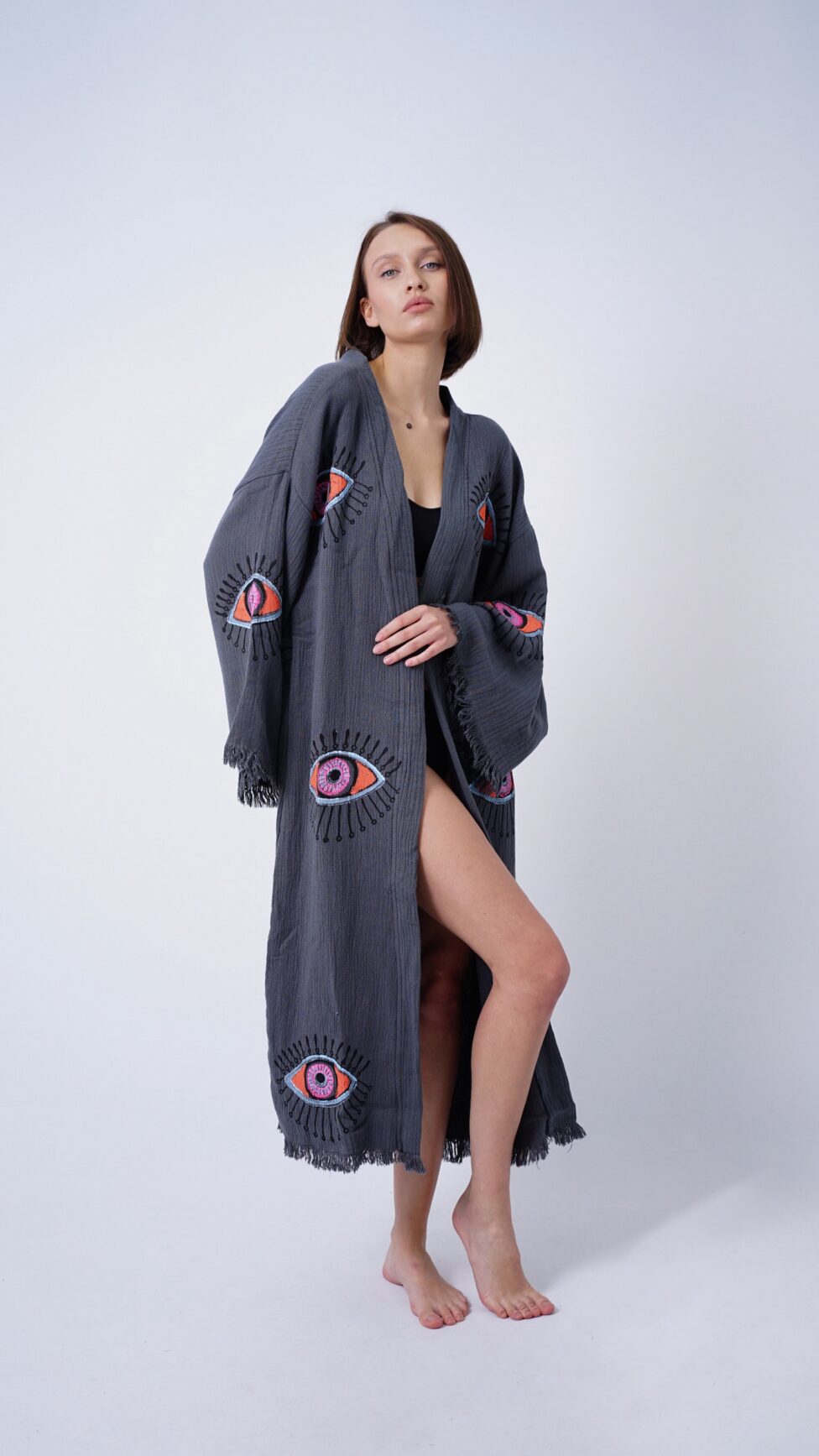 Handmade Evil Eye Boho Festival Kimono Grey, Boho Beachwear, Beachwear Cover Up, Ethnic Kimono, Cardigan, Bathrobe, Morning Robe, Spa Robe