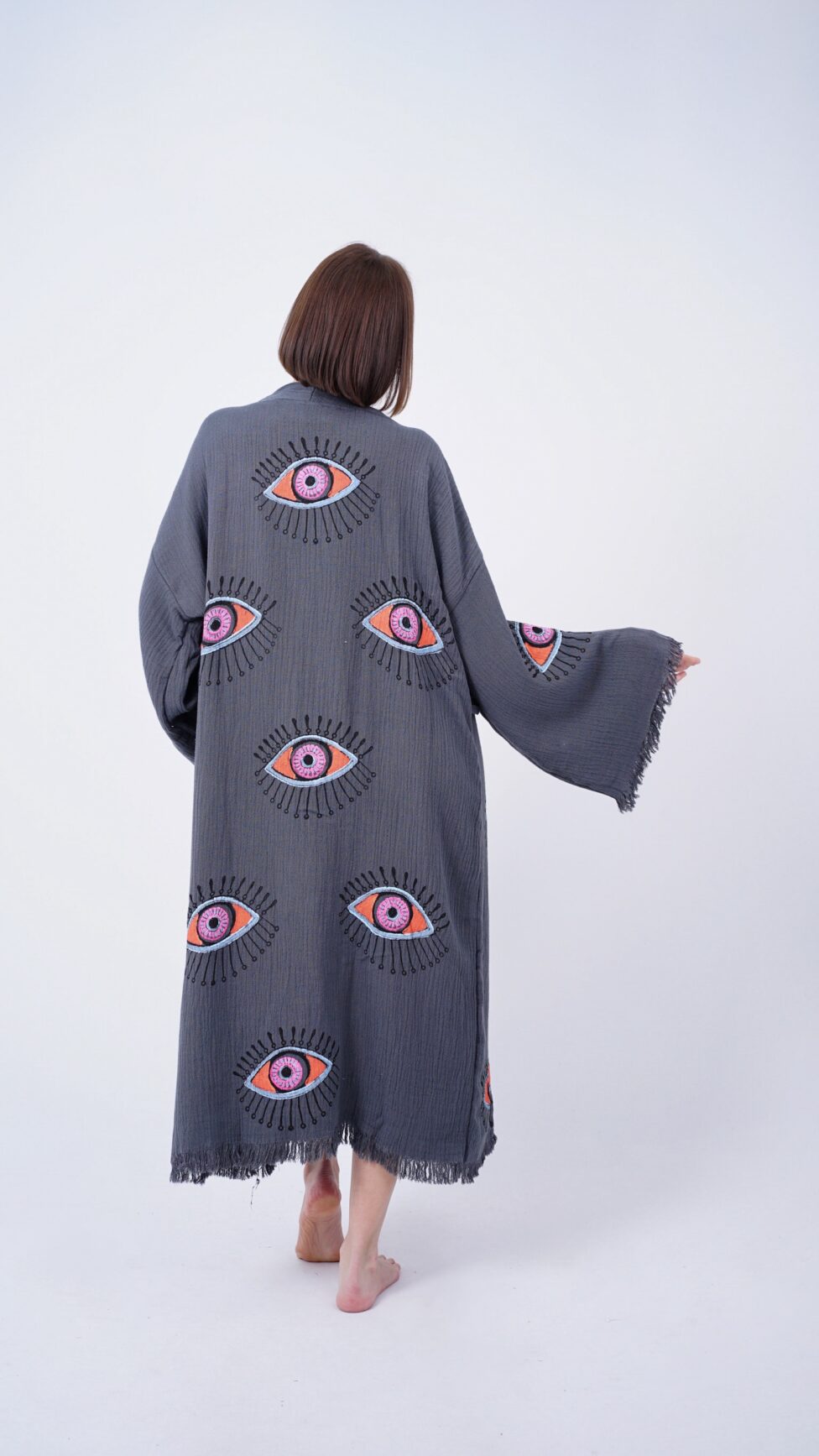Handmade Evil Eye Boho Festival Kimono Grey, Boho Beachwear, Beachwear Cover Up, Ethnic Kimono, Cardigan, Bathrobe, Morning Robe, Spa Robe