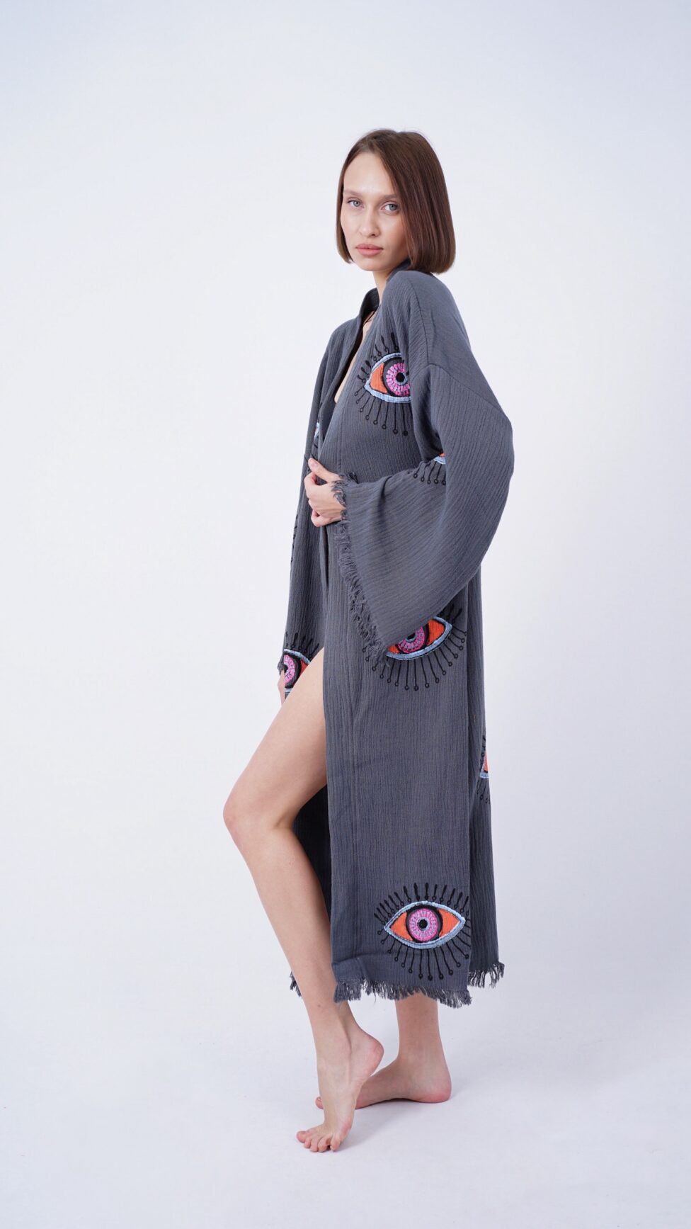Handmade Evil Eye Boho Festival Kimono Grey, Boho Beachwear, Beachwear Cover Up, Ethnic Kimono, Cardigan, Bathrobe, Morning Robe, Spa Robe