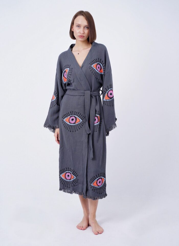 Handmade Evil Eye Boho Festival Kimono Grey, Boho Beachwear, Beachwear Cover Up, Ethnic Kimono, Cardigan, Bathrobe, Morning Robe, Spa Robe