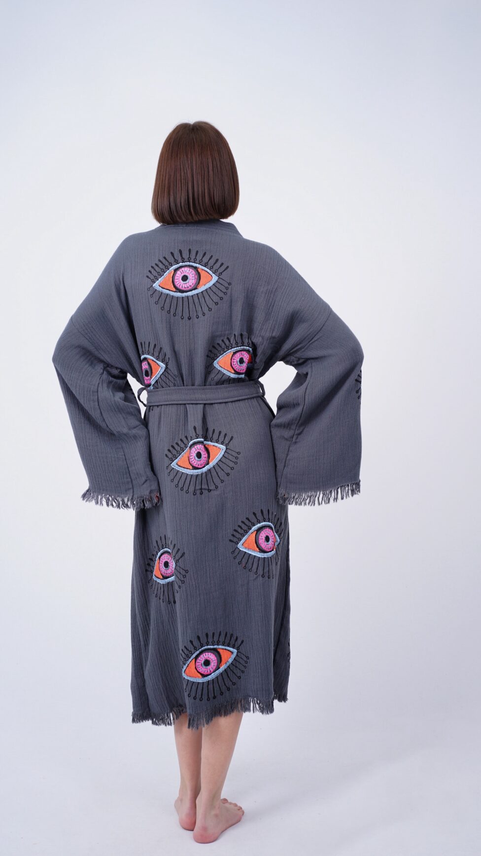 Handmade Evil Eye Boho Festival Kimono Grey, Boho Beachwear, Beachwear Cover Up, Ethnic Kimono, Cardigan, Bathrobe, Morning Robe, Spa Robe