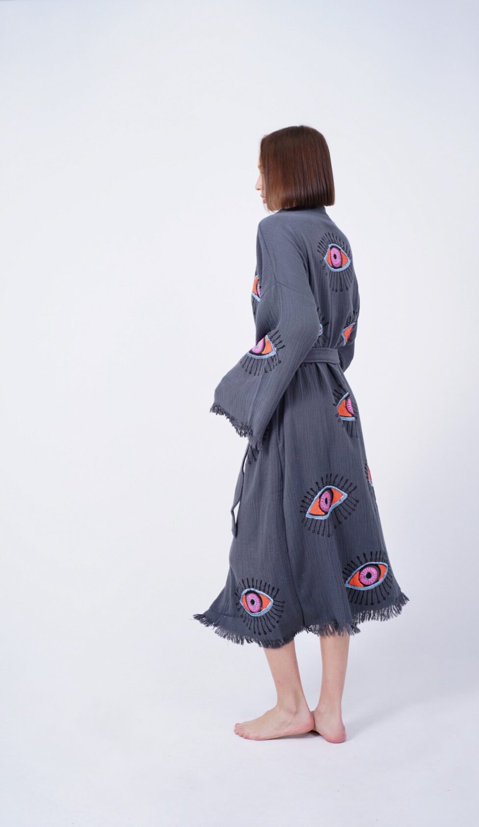 Handmade Evil Eye Boho Festival Kimono Grey, Boho Beachwear, Beachwear Cover Up, Ethnic Kimono, Cardigan, Bathrobe, Morning Robe, Spa Robe
