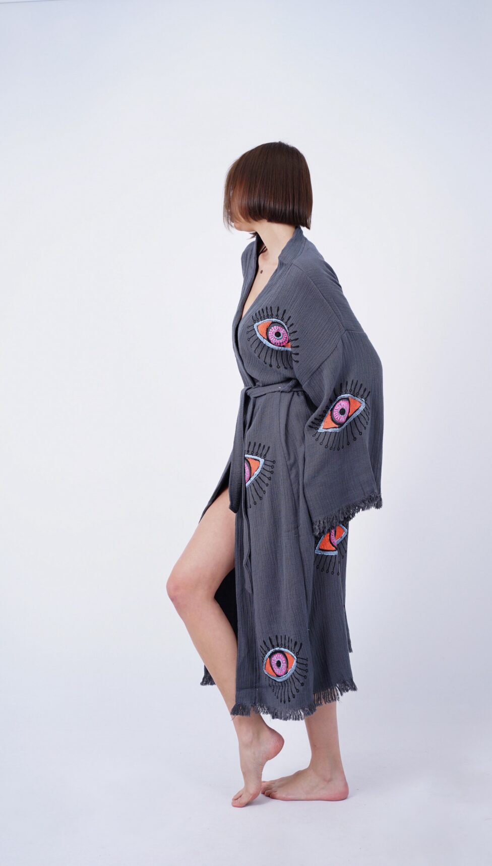 Handmade Evil Eye Boho Festival Kimono Grey, Boho Beachwear, Beachwear Cover Up, Ethnic Kimono, Cardigan, Bathrobe, Morning Robe, Spa Robe