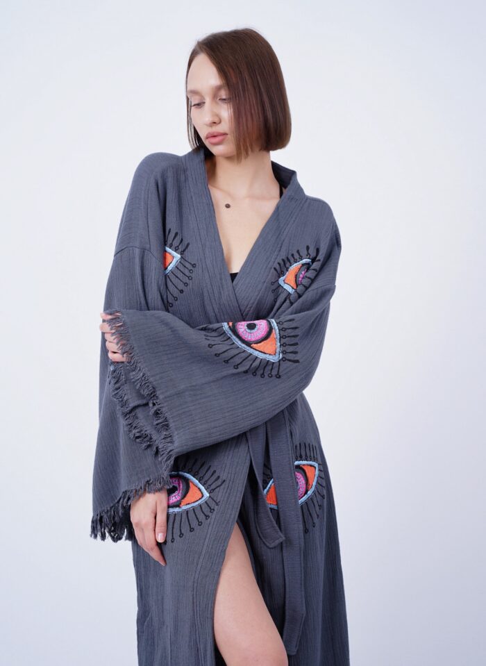 Handmade Evil Eye Boho Festival Kimono Grey, Boho Beachwear, Beachwear Cover Up, Ethnic Kimono, Cardigan, Bathrobe, Morning Robe, Spa Robe