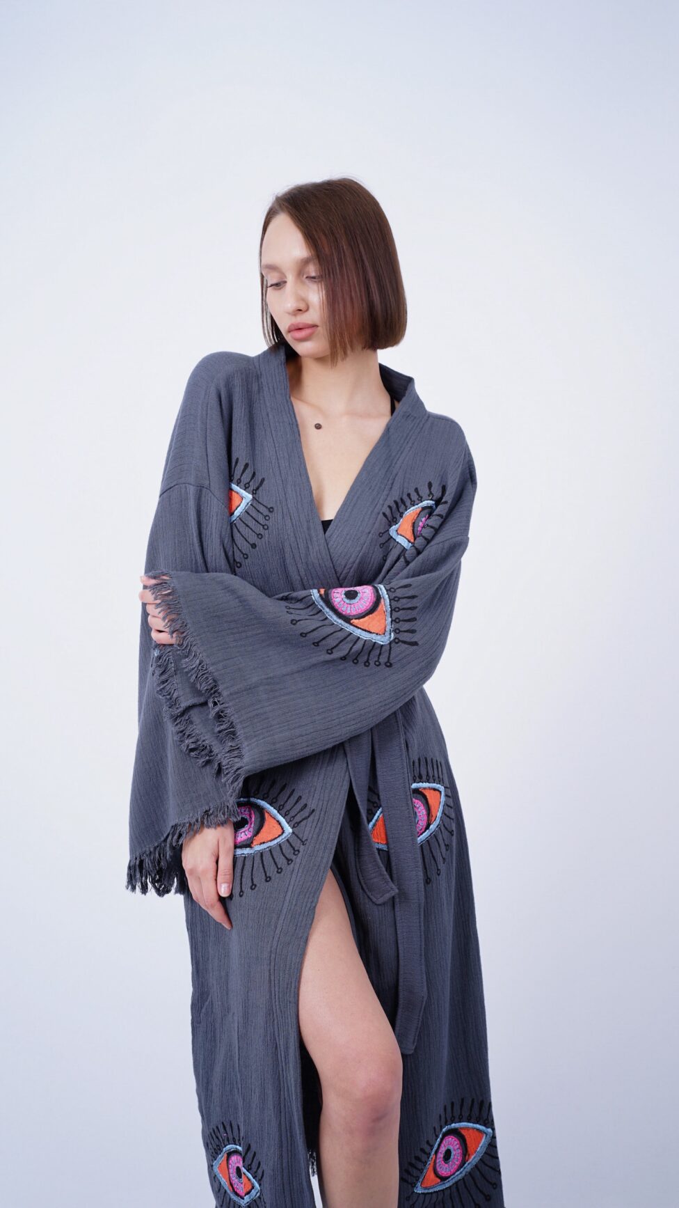 Handmade Evil Eye Boho Festival Kimono Grey, Boho Beachwear, Beachwear Cover Up, Ethnic Kimono, Cardigan, Bathrobe, Morning Robe, Spa Robe