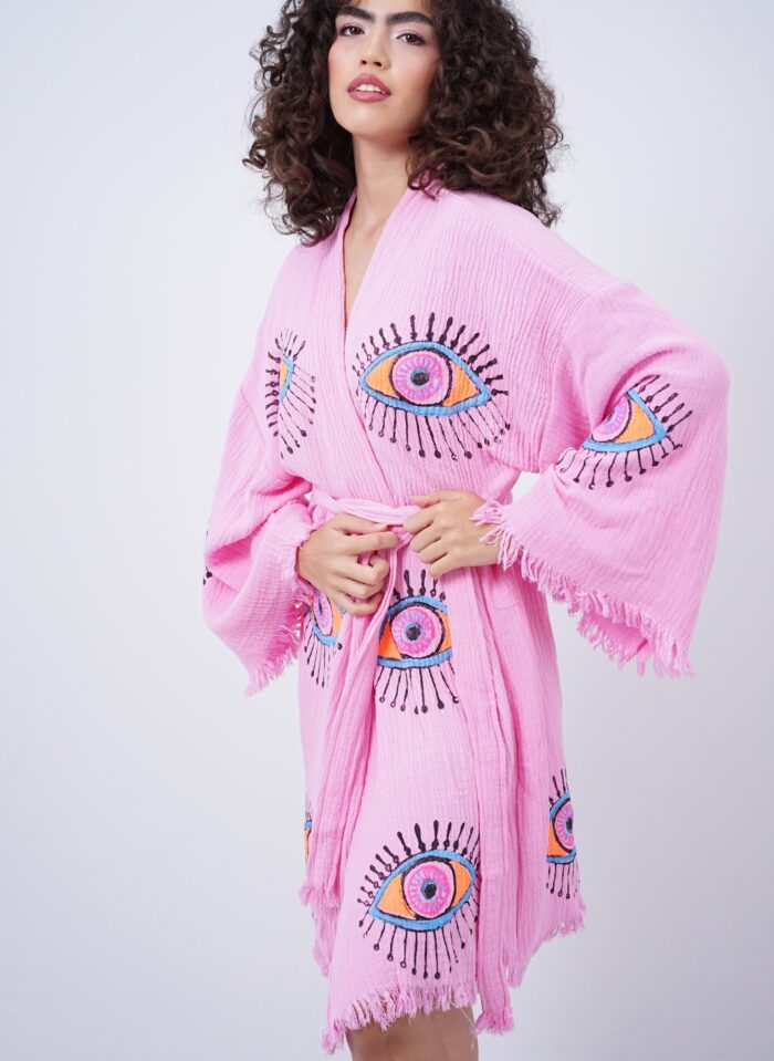 Handmade Evil Eye Boho Festival Kimono, Boho Beachwear, Beachwear Cover Up, Ethnic Kimono, Cardigan, Bathrobe, Morning Robe, Spa Robe, Midi