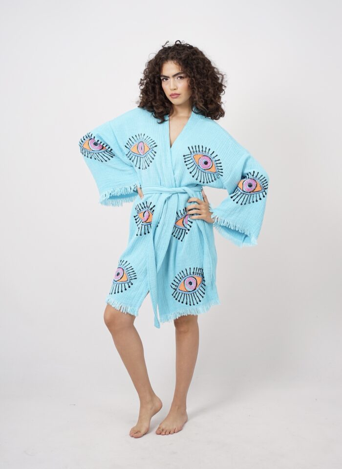 Handmade Evil Eye Boho Festival Kimono Turquoise, Boho Beachwear, Beachwear Cover Up, Ethnic Kimono, Cardigan, Bathrobe, Morning Robe, Spa Robe