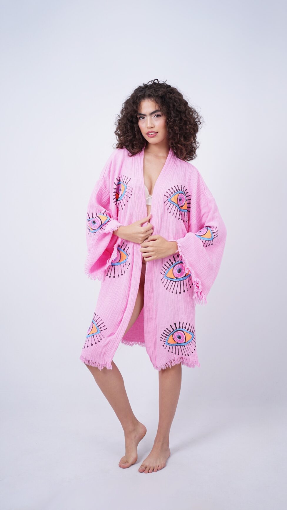 Handmade Evil Eye Boho Festival Kimono Light Pink, Boho Beachwear, Beachwear Cover Up, Ethnic Kimono, Cardigan, Bathrobe, Morning Robe, Spa Robe, Midi