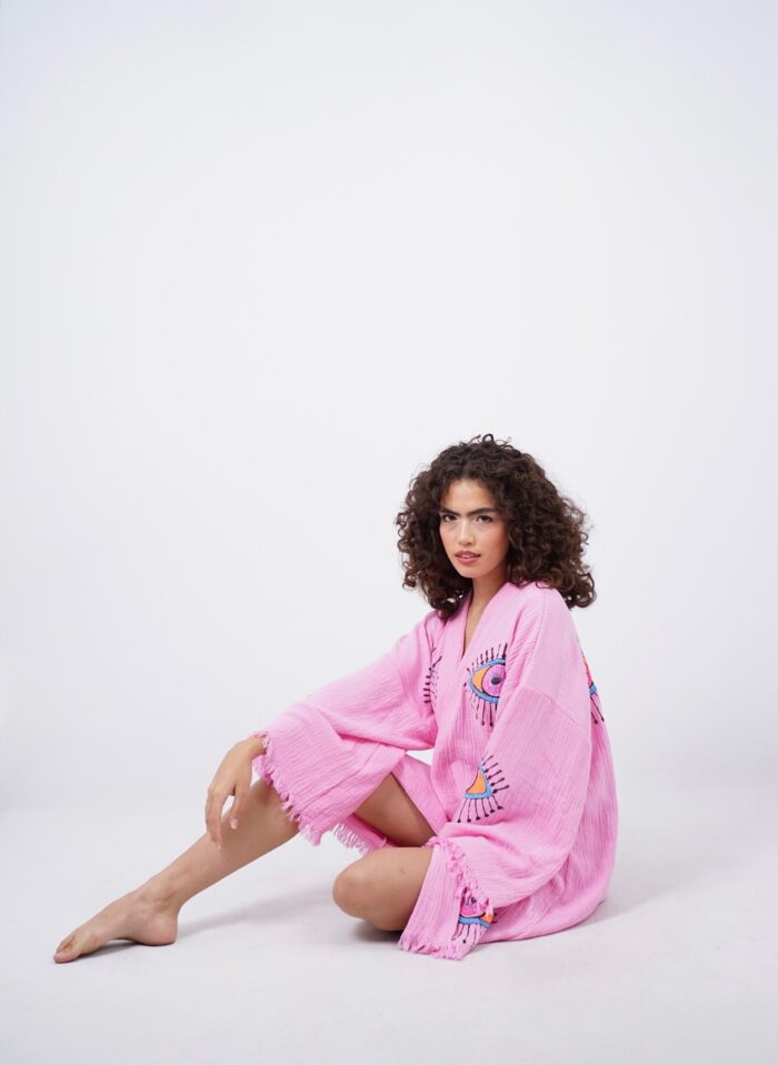 Handmade Evil Eye Boho Festival Kimono Light Pink, Boho Beachwear, Beachwear Cover Up, Ethnic Kimono, Cardigan, Bathrobe, Morning Robe, Spa Robe, Midi