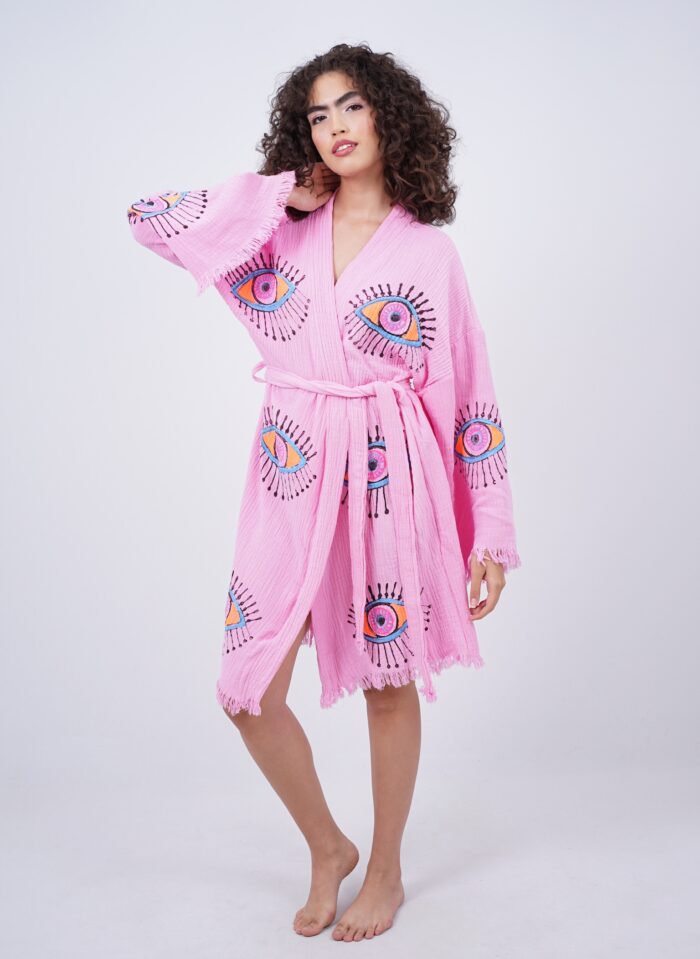 Handmade Evil Eye Boho Festival Kimono Light Pink, Boho Beachwear, Beachwear Cover Up, Ethnic Kimono, Cardigan, Bathrobe, Morning Robe, Spa Robe, Midi