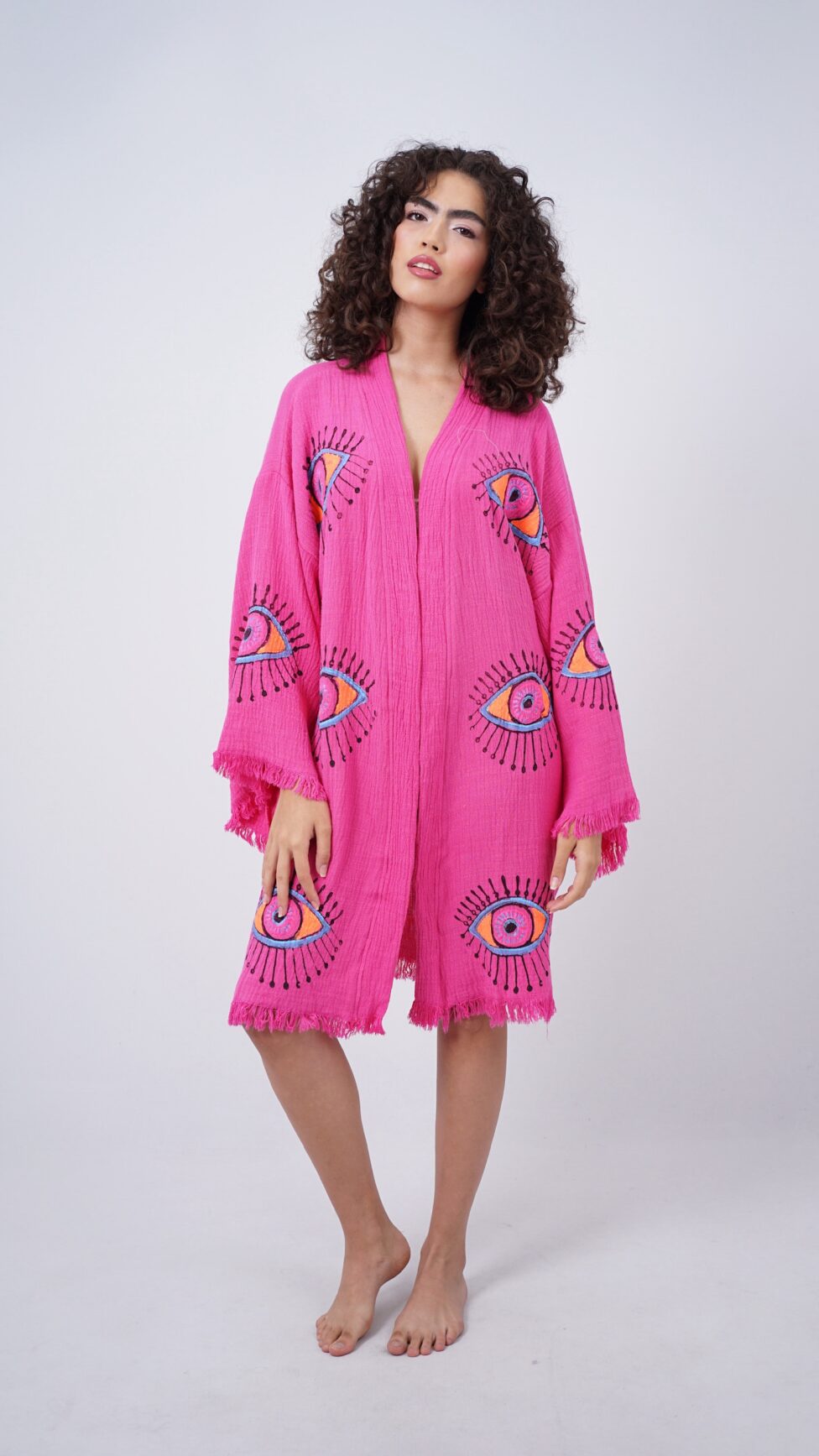 Handmade Midi Evil Eye Boho Festival Kimono Pink, Boho Beachwear, Beachwear Cover Up, Ethnic Kimono, Cardigan, Bathrobe, Morning Robe, Spa Robe