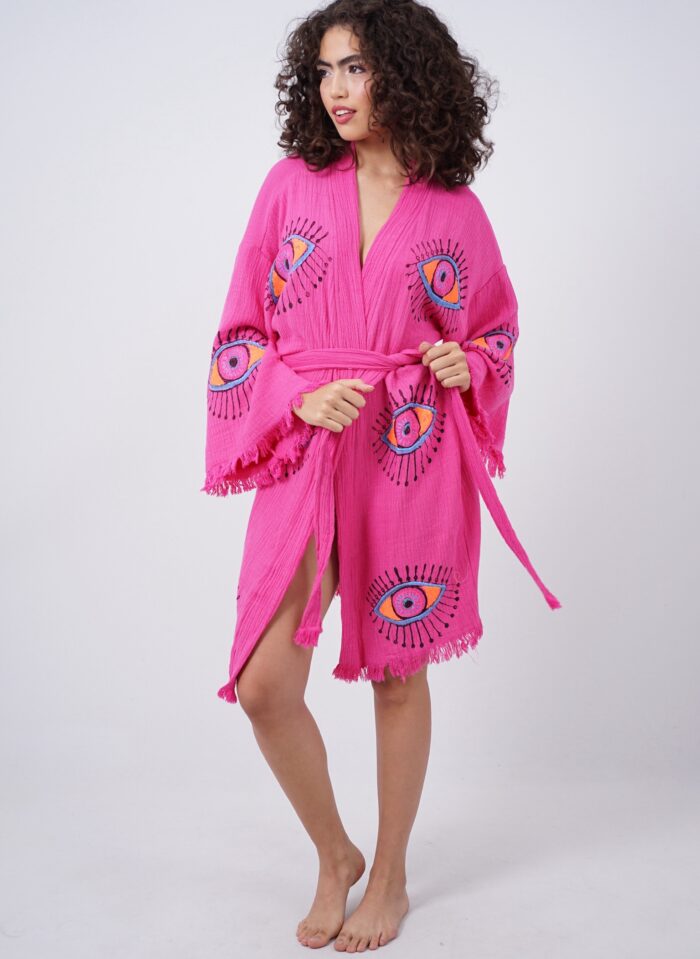 Handmade Midi Evil Eye Boho Festival Kimono Pink, Boho Beachwear, Beachwear Cover Up, Ethnic Kimono, Cardigan, Bathrobe, Morning Robe, Spa Robe