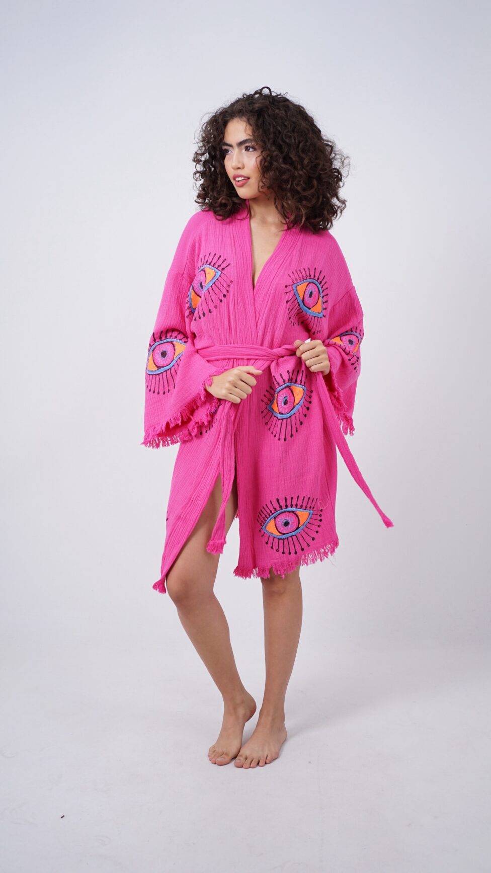 Handmade Midi Evil Eye Boho Festival Kimono Pink, Boho Beachwear, Beachwear Cover Up, Ethnic Kimono, Cardigan, Bathrobe, Morning Robe, Spa Robe