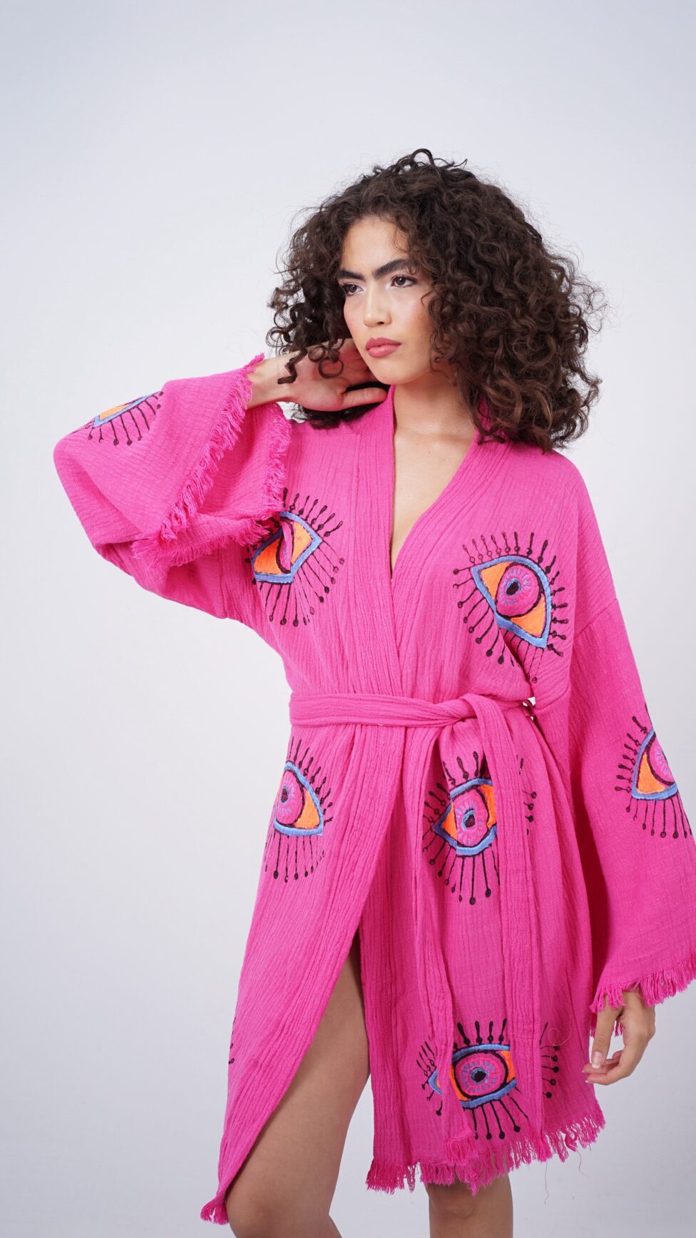 Handmade Midi Evil Eye Boho Festival Kimono Pink, Boho Beachwear, Beachwear Cover Up, Ethnic Kimono, Cardigan, Bathrobe, Morning Robe, Spa Robe