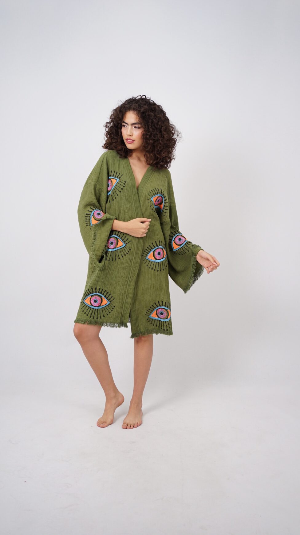 Handmade Midi Evil Eye Boho Festival Kimono Khaki, Boho Beachwear, Beachwear Cover Up, Ethnic Kimono, Cardigan, Bathrobe, Morning Robe, Spa Robe