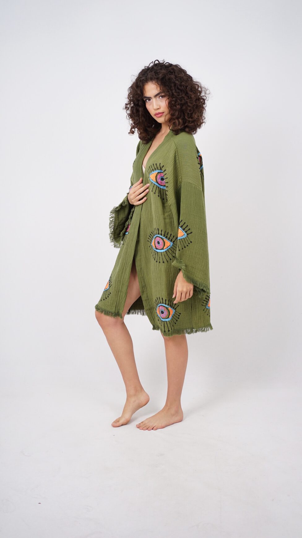 Handmade Midi Evil Eye Boho Festival Kimono Khaki, Boho Beachwear, Beachwear Cover Up, Ethnic Kimono, Cardigan, Bathrobe, Morning Robe, Spa Robe