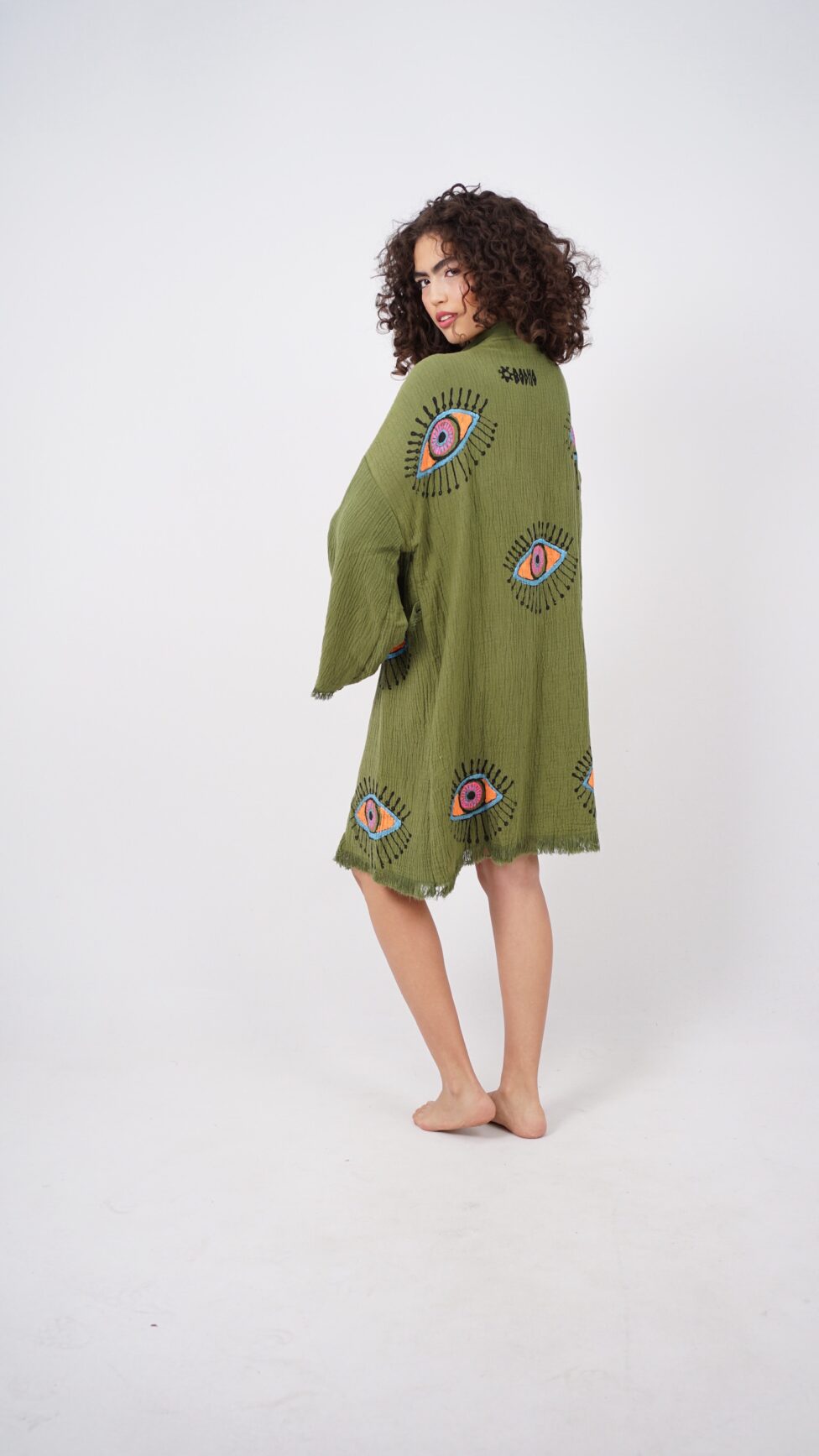Handmade Midi Evil Eye Boho Festival Kimono Khaki, Boho Beachwear, Beachwear Cover Up, Ethnic Kimono, Cardigan, Bathrobe, Morning Robe, Spa Robe