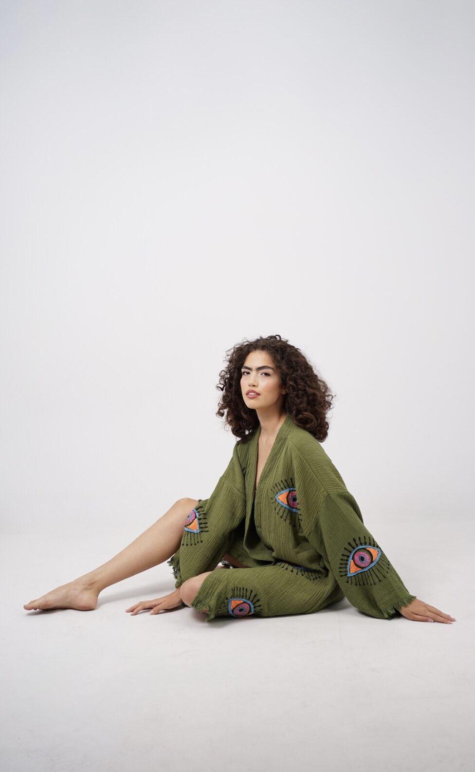 Handmade Midi Evil Eye Boho Festival Kimono Khaki, Boho Beachwear, Beachwear Cover Up, Ethnic Kimono, Cardigan, Bathrobe, Morning Robe, Spa Robe