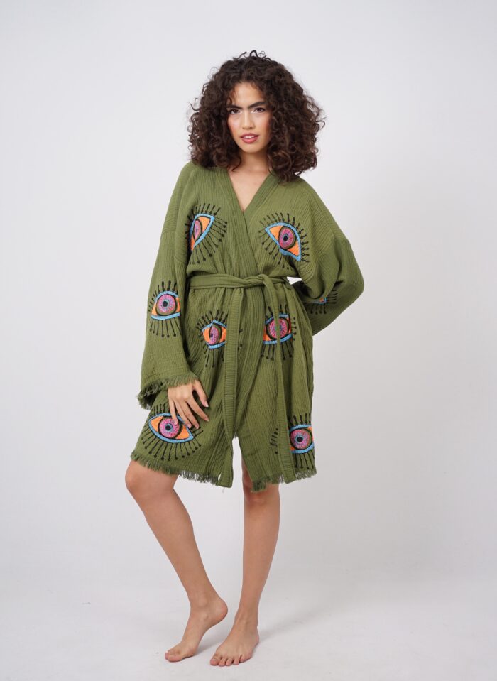 Handmade Midi Evil Eye Boho Festival Kimono Khaki, Boho Beachwear, Beachwear Cover Up, Ethnic Kimono, Cardigan, Bathrobe, Morning Robe, Spa Robe