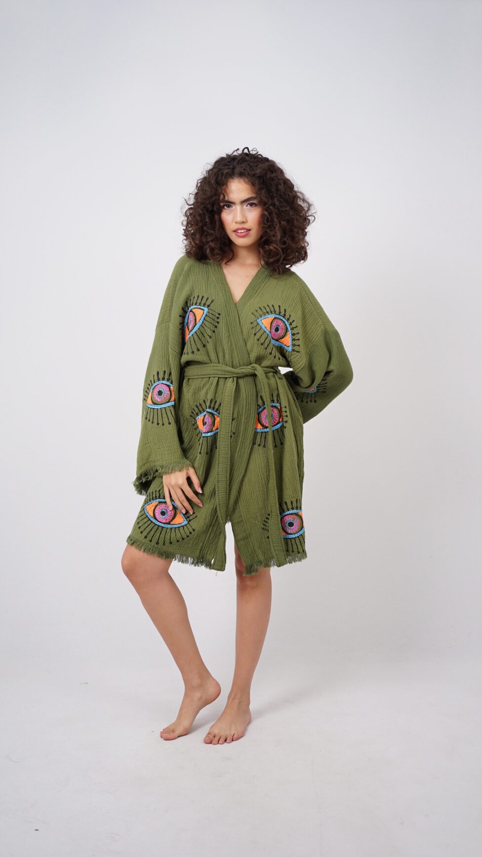 Handmade Midi Evil Eye Boho Festival Kimono Khaki, Boho Beachwear, Beachwear Cover Up, Ethnic Kimono, Cardigan, Bathrobe, Morning Robe, Spa Robe
