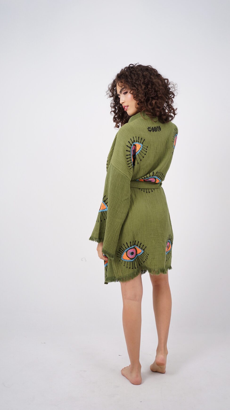Handmade Midi Evil Eye Boho Festival Kimono Khaki, Boho Beachwear, Beachwear Cover Up, Ethnic Kimono, Cardigan, Bathrobe, Morning Robe, Spa Robe