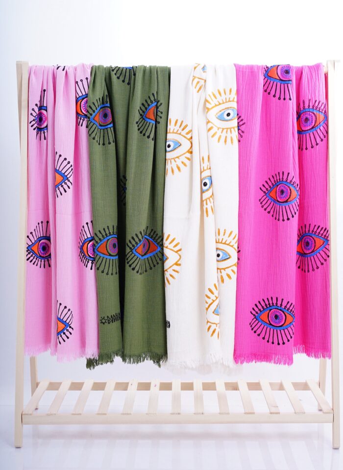 Hand-Printed Evil Eye Beach Towel – Organic Turkish Cotton Peshtemal